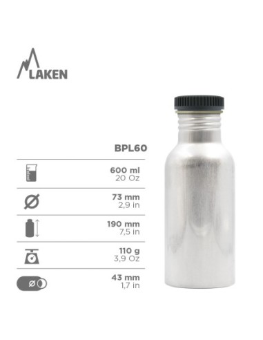 UKELELE: BOTELLA DE ALUMINIO 0,60L CON TAPÓN PLAIN (BOCA ANCHA)